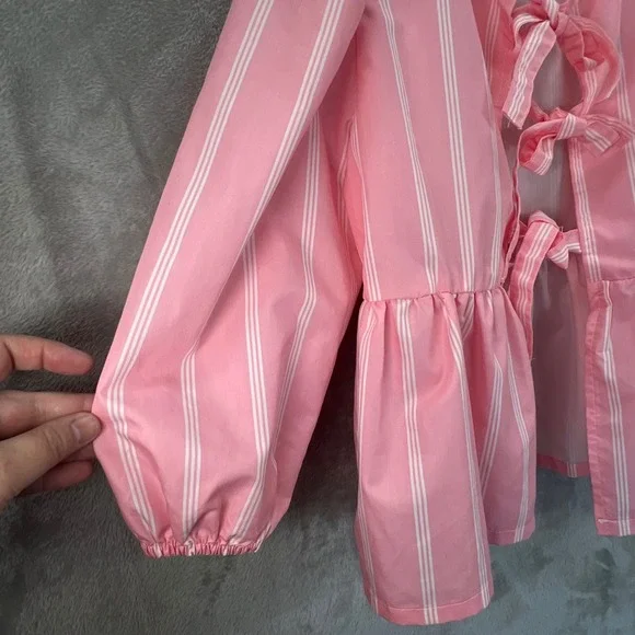 Pink White M Striped Tie Front Peplum Puff Sleeve Jacket Coquette Babydoll Girly - Picture 5 of 8